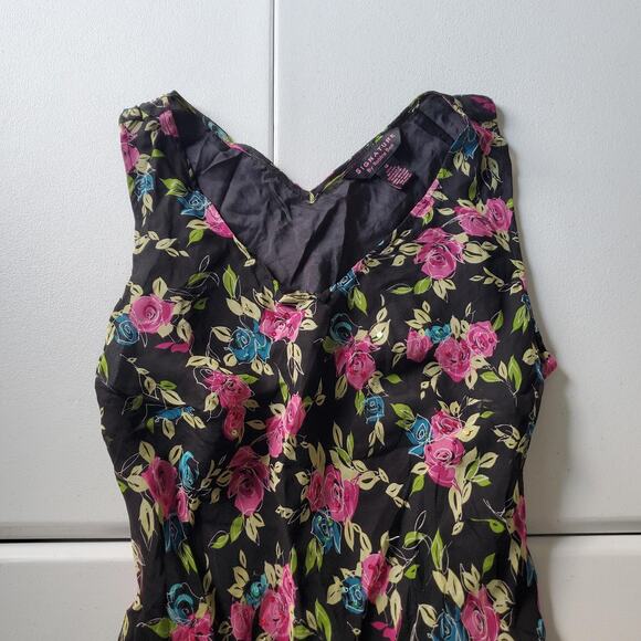 Y2K Whimsigoth Fairy Grunge Dress Womens 14 Black Floral Silk Sleeveless V-Neck - Picture 2 of 8